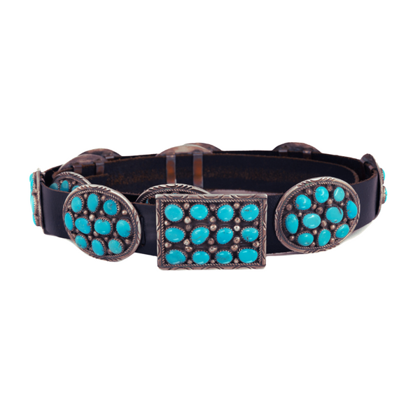 Vintage Sleeping Beauty Turquoise Concho Belt on Black Leather