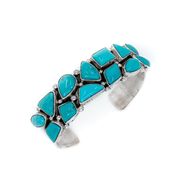 Unique multi-stone Sleeping Beauty Turquoise cuff bracelet. American Indian made.