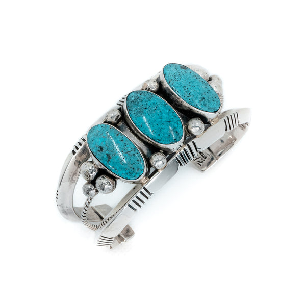 Men's and women's American Indian Jewelry. This Kingman turquoise cuff bracelet is unique and one-of-a-kind. Artist: F Peters, Navajo 