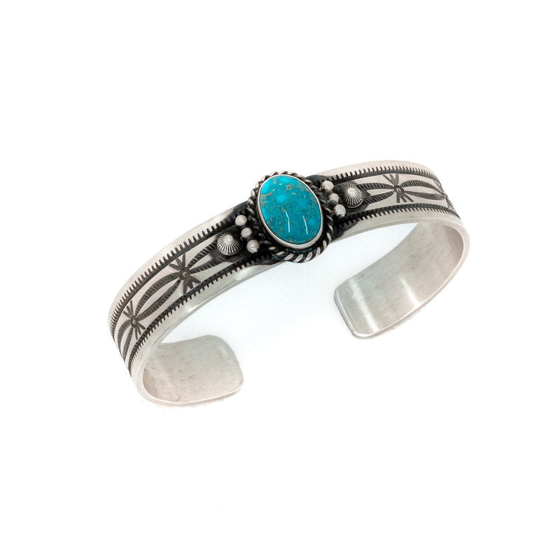 Artist: Herman Sam, Navajo. American Indian, Handmade Sterling Silver and Kingman Turquoise bracelet.