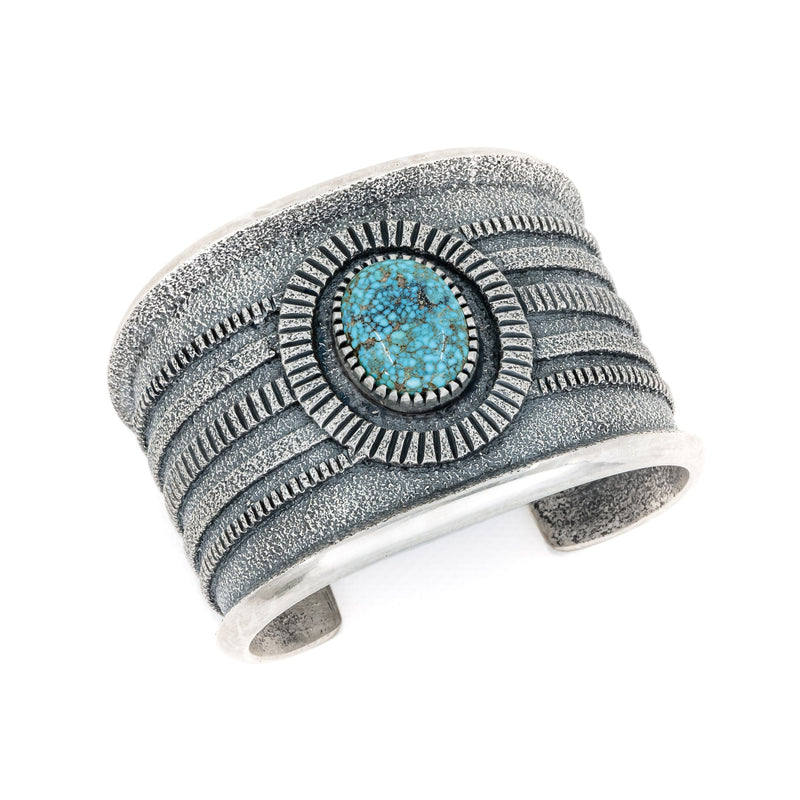 Unique Kingman Turquoise Tufa silver cuff bracelet by American Indian Artist: Jim Harrison, Navajo 