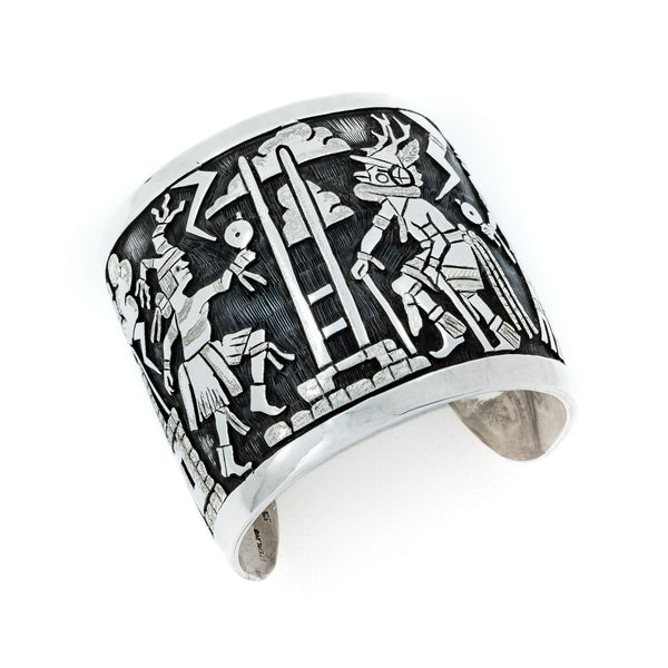 Unique sterling silver overlay cuff bracelet. Traditional design of the Hopi Indian. Native American Indian Artist: Joe Josytewa, Hopi.