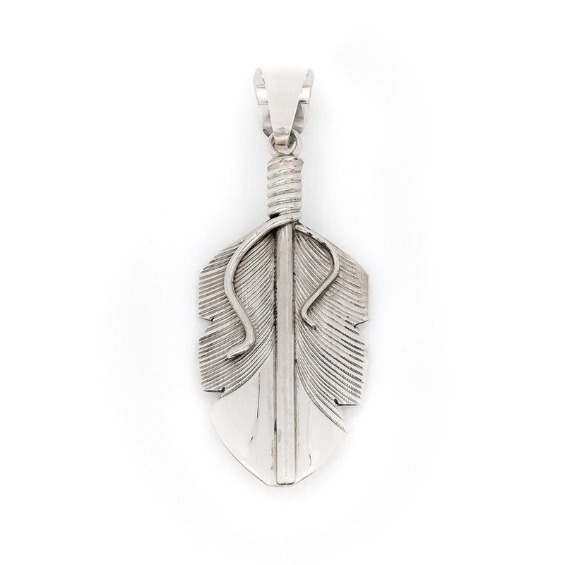 Traditional, genuine sterling silver feather pendant created by Native American Artist: Chris Charley. Southwestern style jewelry.