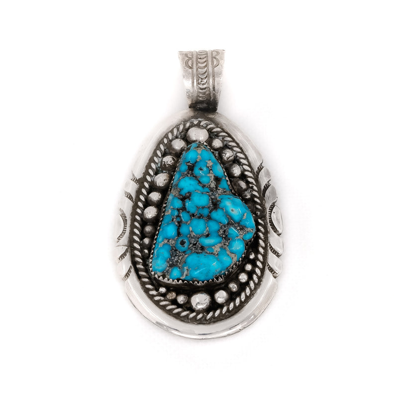 Authentic Kingman Ithaca Turquoise and Sterling Silver pendant. Native American artists: Robert and Bernice Leekya, Zuni. 