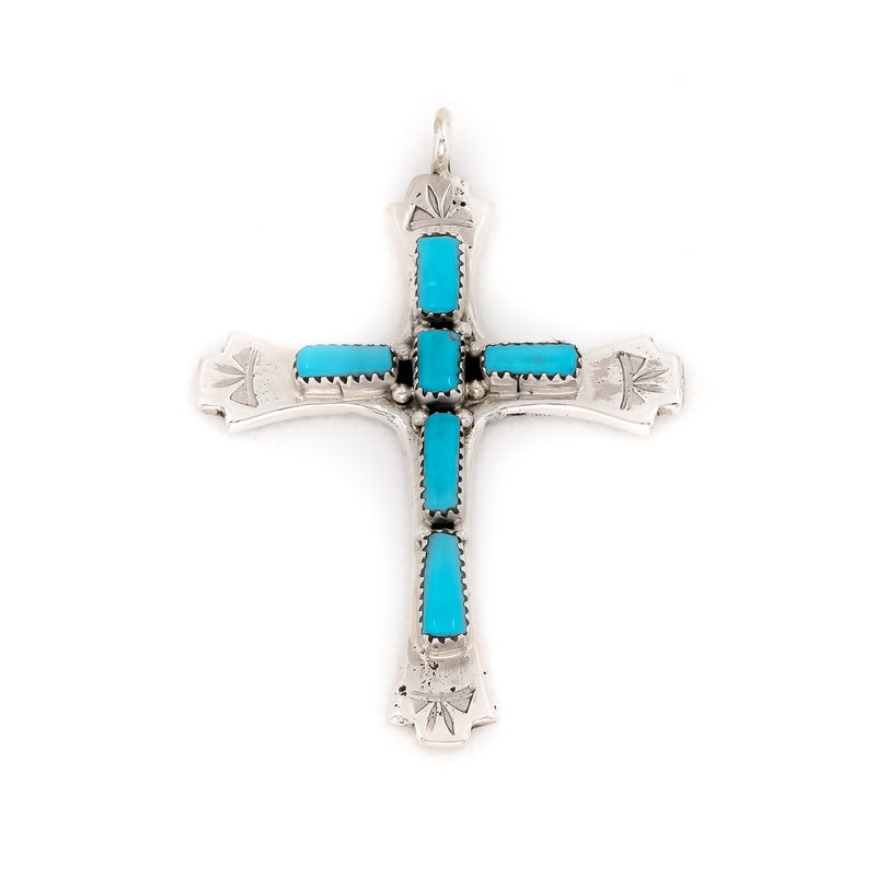 Sleeping Beauty Turquoise and Sterling Silver cross pendant. Native American Indian made. Artist: JC Natachu.