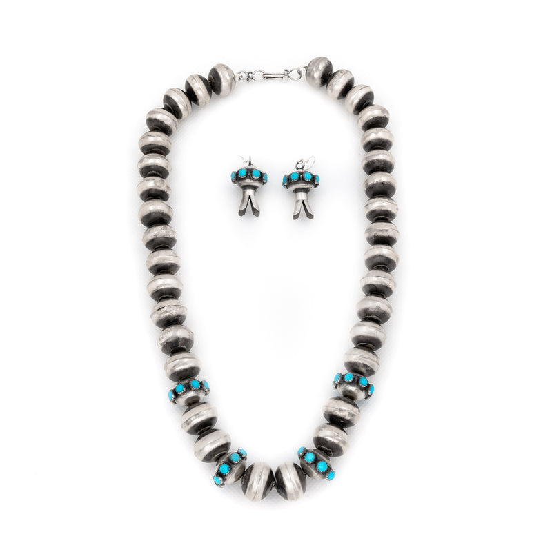 Unique, one-of-a-kind navajo pearl necklace and earring set  with Sleeping Beauty Turquoise. American Indian Artist: Selina Warner, Navajo.