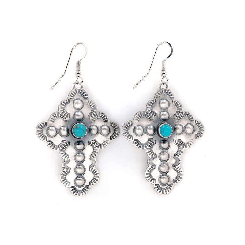 Sleeping Beauty Turquoise and sterling silver cross earrings. 