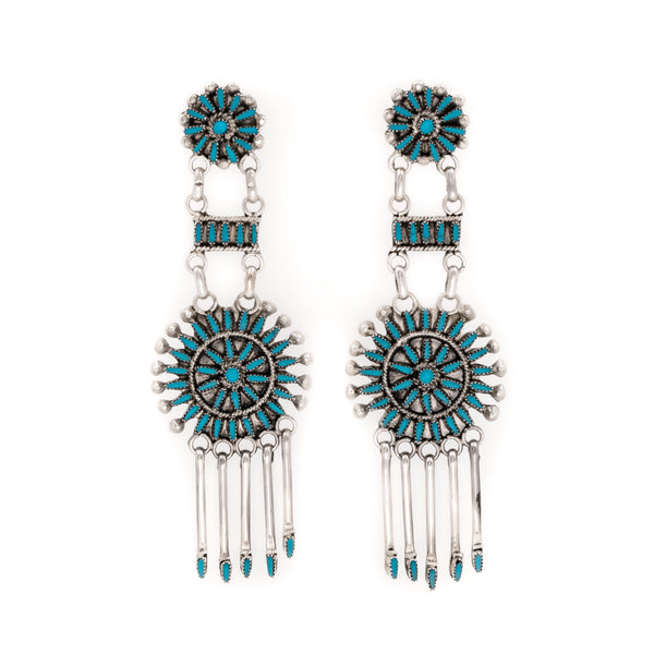 Hand cut Sleeping Beauty Turquoise set sterling silver chandelier earrings. Native American Artist: V. S. J., (Vincent Socorro Johnson) Zuni  