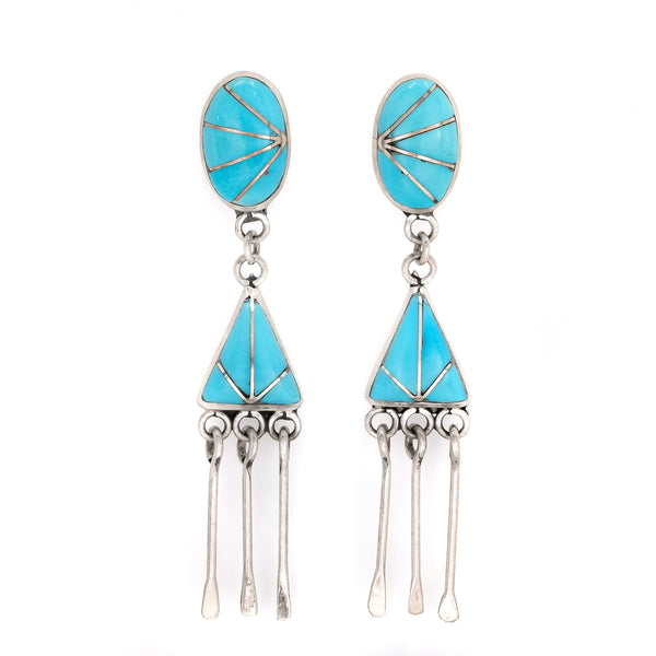 Sleeping Beauty Turquoise inlay in sterling silver chandelier earrings. American Indian Zuni jewelry.