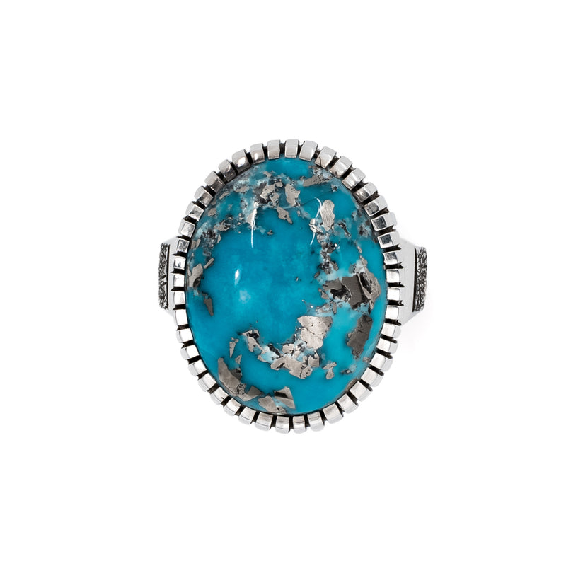 The unique matrix in this Persian Turquoise ring make truly one-of-kind. Artist: Craig Agoodie, Navajo. Persian Turquoise set in sterling silver.