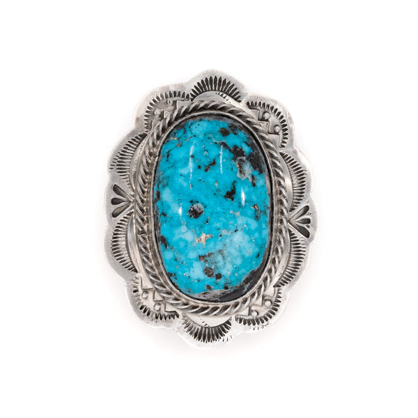 Bold, one-of-a-kind Kingman Waterweb Turquoise Ring set in handstamped sterling silver. American Indian Artist: S. Tso, Navajo 