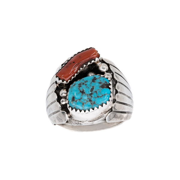 Kingman Turquoise and Coral Ring