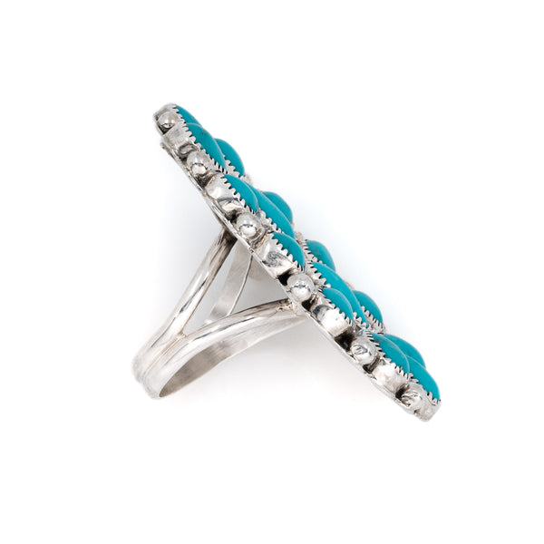 Unique Sleeping Beauty Turquoise cluster ring set in sterling silver.  Native American Indian made.