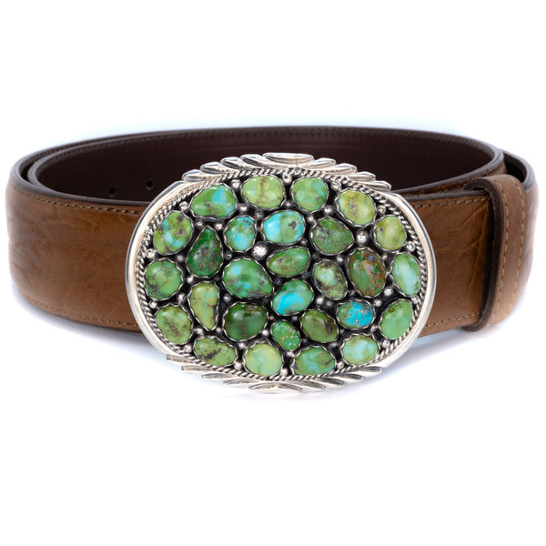 Handcrafted, Authentic Sonoran Gold Turquoise stone set in sterling silver belt buckle. Native American Indian Artist: Spencer, Navajo.