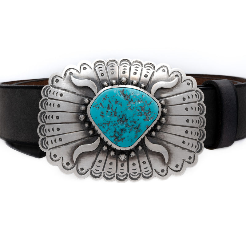 Unique, handcrafted Sleeping Beauty Turquoise and sterling silver belt buckle. American Indian Artist: L.T. CHEE, Navajo 