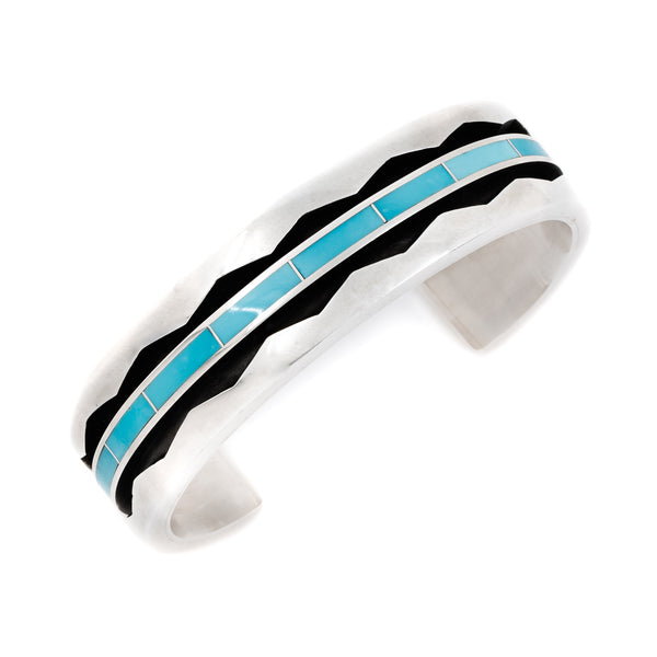 Men's style Sleeping Beauty turquoise inlay cuff bracelet. Native American Artist: Lawrence Loretto, Zuni tribe.