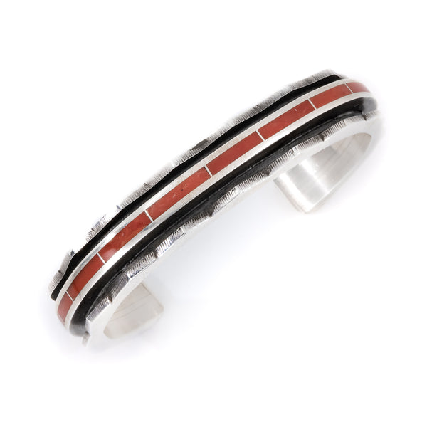 One-of-a-kind Men's Coral Inlay cuff bracelet Artist: Lawrence Loretto, Zuni 