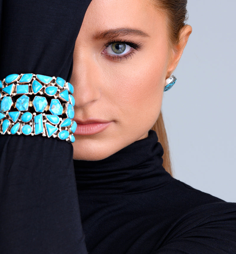 Unique multi-stone Sleeping Beauty Turquoise cuff bracelets. Kingman turquoise stud earrings. American Indian made.